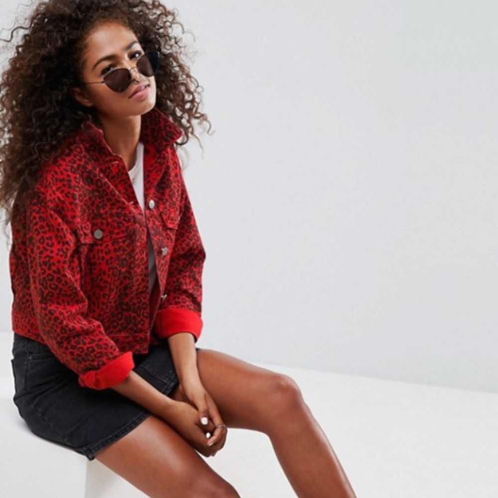 NWT Asos red leopard print denim jacket